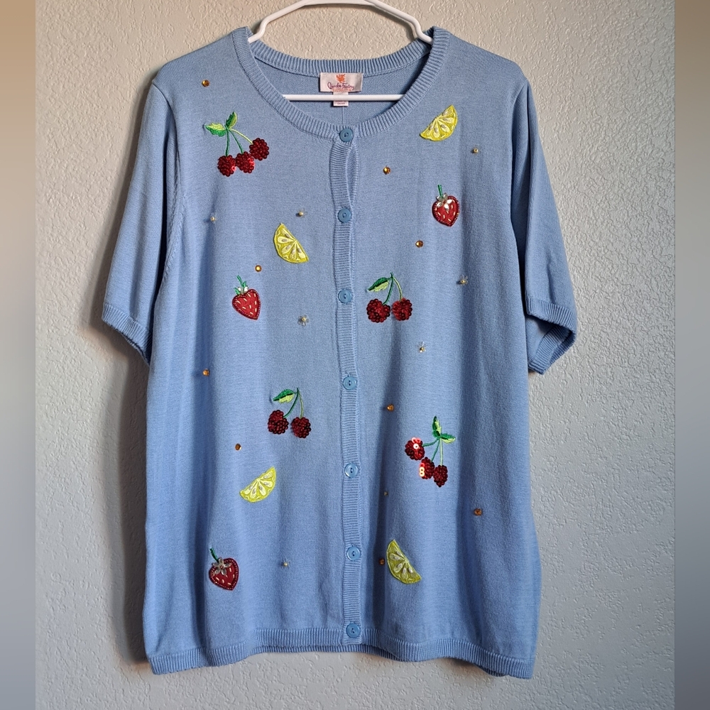 Quaker Factory Blue Embroidered Beaded Fruit Print Button Down Top Size L NWOT